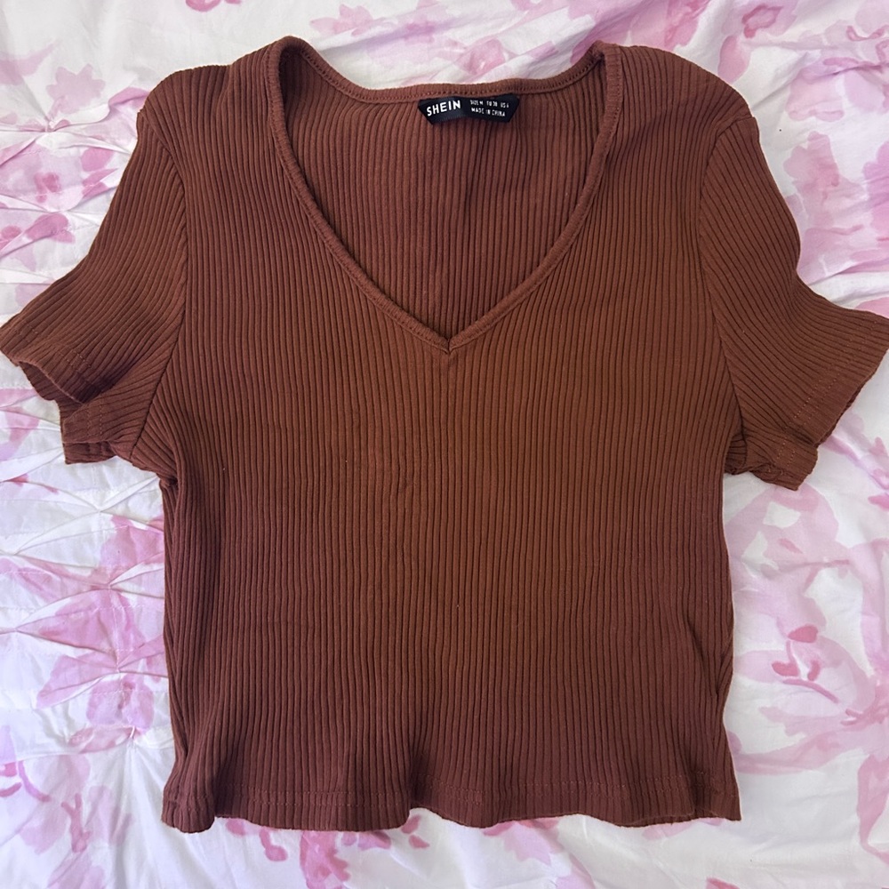 SHEIN Chocolate Ribbed V-Neck Top